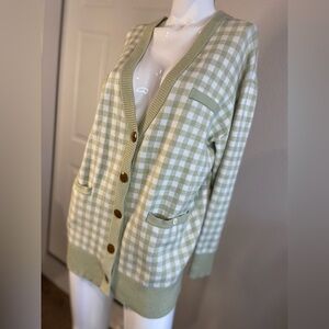 Joie~Soft~Sage Green/White~Gingham Plaid~Boyfriend~Button Close~Cardigan~Size L